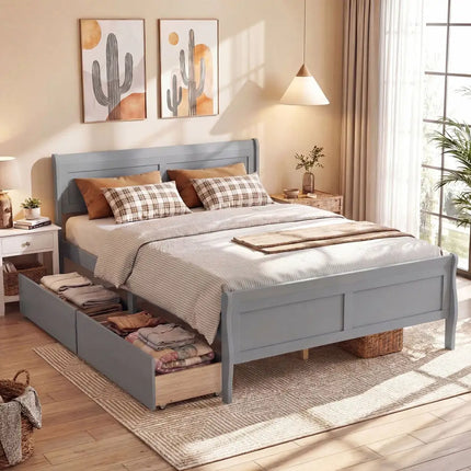 Queen Size Bed Frame with 2 Storage Drawers and Footboard-Gray - Gray - Simple Bed Frame