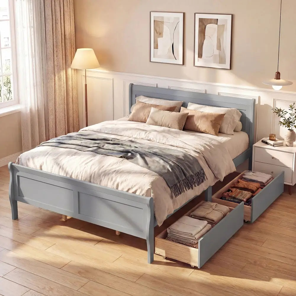 Queen Size Bed Frame with 2 Storage Drawers and Footboard-Gray - Gray - Simple Bed Frame