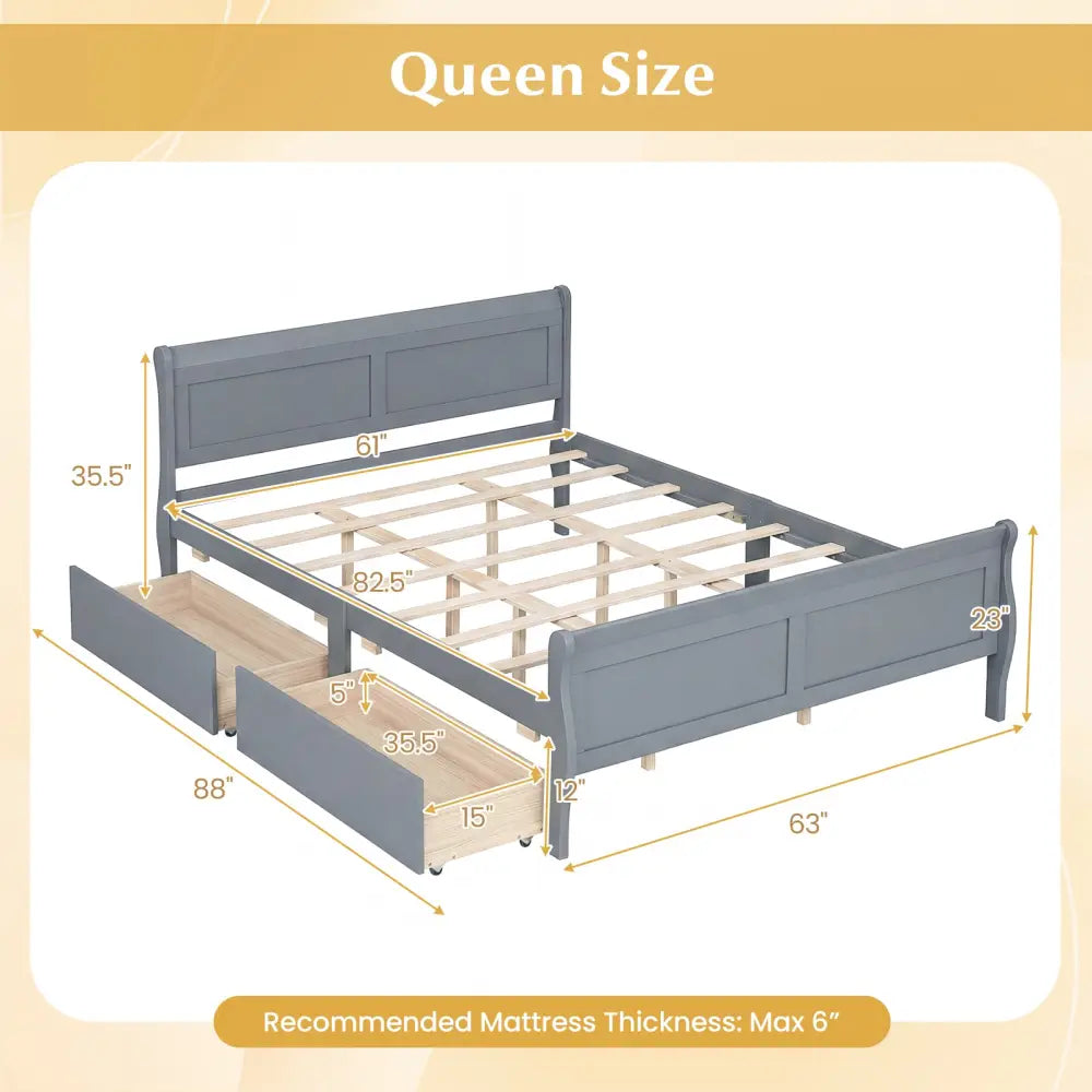 Queen Size Bed Frame with 2 Storage Drawers and Footboard-Gray - Gray - Simple Bed Frame
