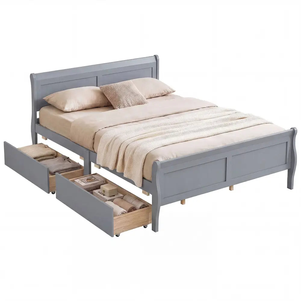 Queen Size Bed Frame with 2 Storage Drawers and Footboard-Gray - Gray - Simple Bed Frame