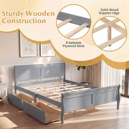 Queen Size Bed Frame with 2 Storage Drawers and Footboard-Gray - Gray - Simple Bed Frame