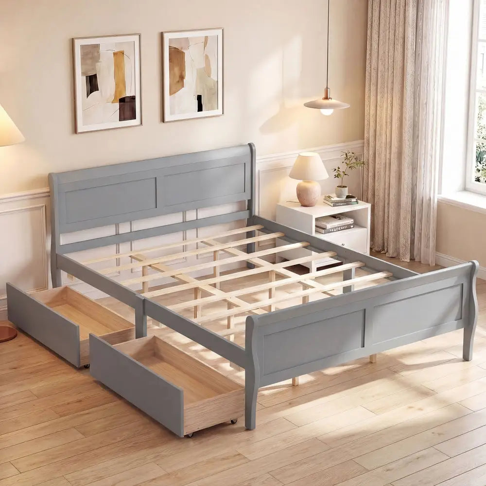 Queen Size Bed Frame with 2 Storage Drawers and Footboard-Gray - Gray - Simple Bed Frame