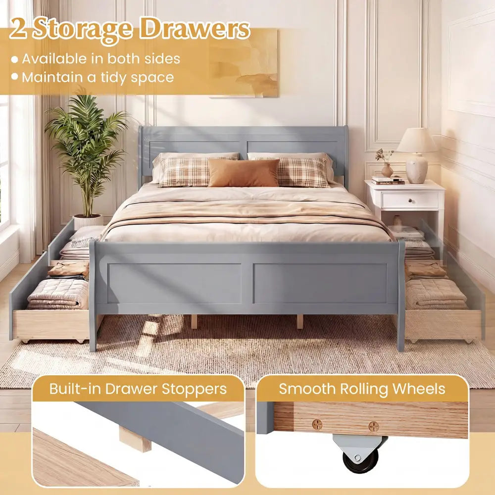 Queen Size Bed Frame with 2 Storage Drawers and Footboard-Gray - Gray - Simple Bed Frame