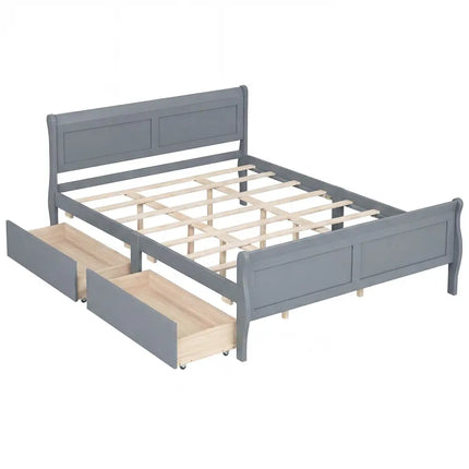 Queen Size Bed Frame with 2 Storage Drawers and Footboard-Gray - Gray - Simple Bed Frame
