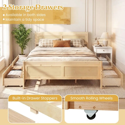 Queen Size Bed Frame with 2 Storage Drawers and Footboard-Natural - Natural - Simple Bed Frame