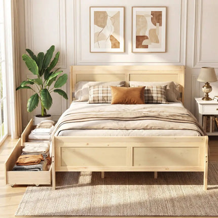 Queen Size Bed Frame with 2 Storage Drawers and Footboard-Natural - Natural - Simple Bed Frame