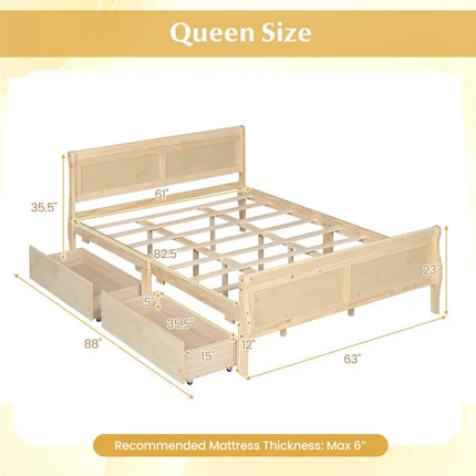 Queen Size Bed Frame with 2 Storage Drawers and Footboard-Natural - Natural - Simple Bed Frame