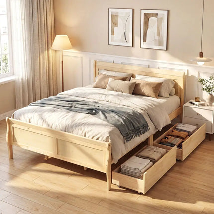 Queen Size Bed Frame with 2 Storage Drawers and Footboard-Natural - Natural - Simple Bed Frame