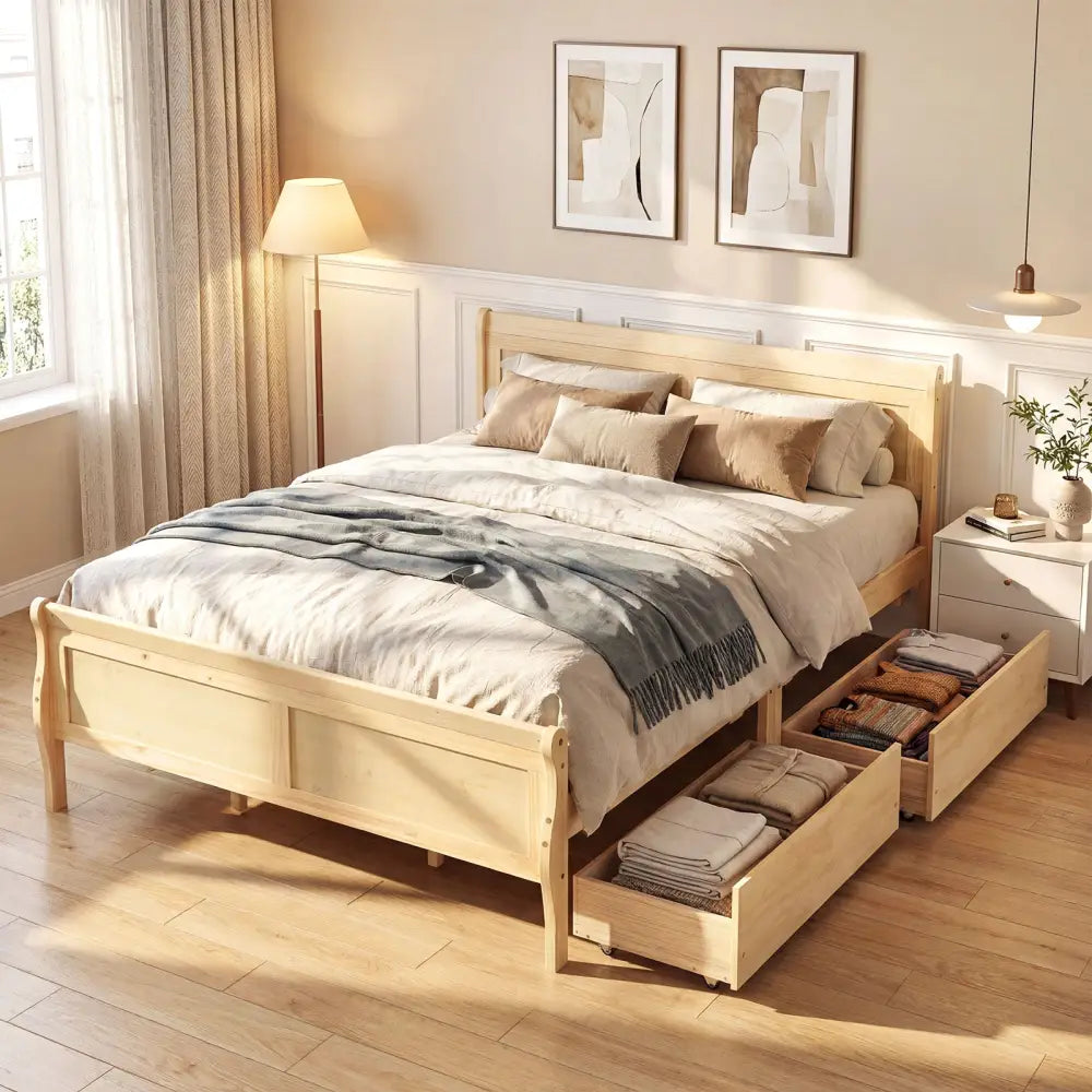 Queen Size Bed Frame with 2 Storage Drawers and Footboard-Natural - Natural - Simple Bed Frame