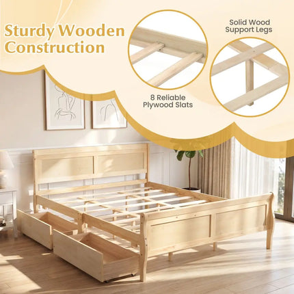 Queen Size Bed Frame with 2 Storage Drawers and Footboard-Natural - Natural - Simple Bed Frame