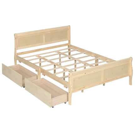 Queen Size Bed Frame with 2 Storage Drawers and Footboard-Natural - Natural - Simple Bed Frame
