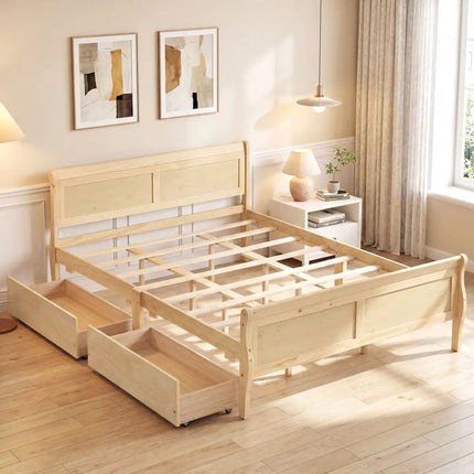 Queen Size Bed Frame with 2 Storage Drawers and Footboard-Natural - Natural - Simple Bed Frame