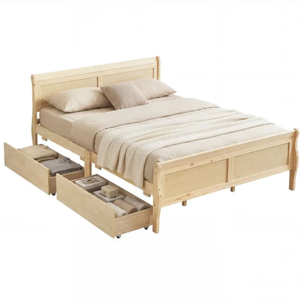 Queen Size Bed Frame with 2 Storage Drawers and Footboard-Natural - Natural - Simple Bed Frame