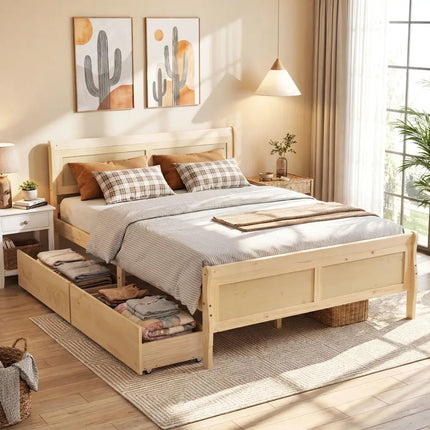 Queen Size Bed Frame with 2 Storage Drawers and Footboard-Natural - Natural - Simple Bed Frame