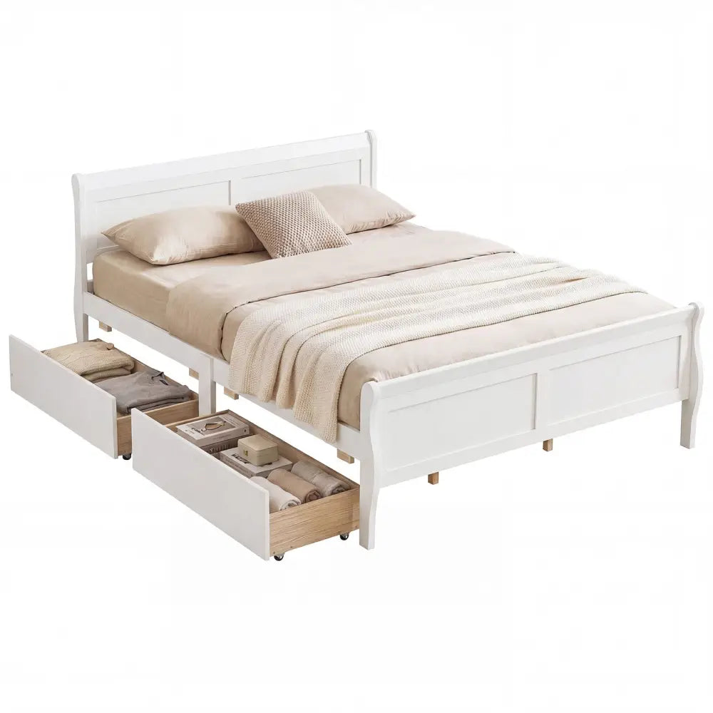 Queen Size Bed Frame with 2 Storage Drawers and Footboard-White - White - Simple Bed Frame