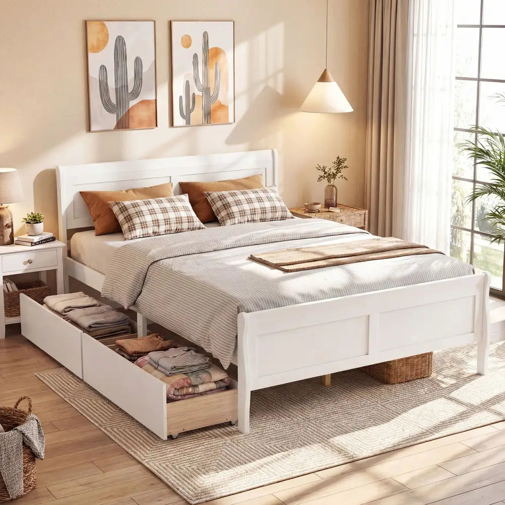 Queen Size Bed Frame with 2 Storage Drawers and Footboard-White - White - Simple Bed Frame