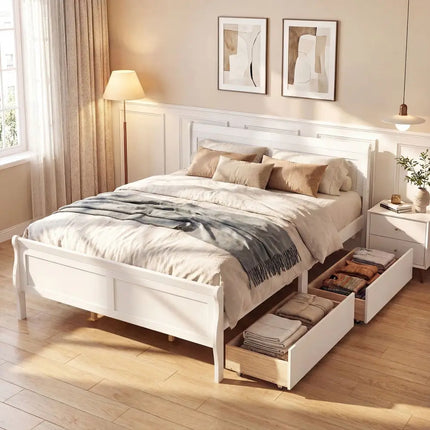 Queen Size Bed Frame with 2 Storage Drawers and Footboard-White - White - Simple Bed Frame