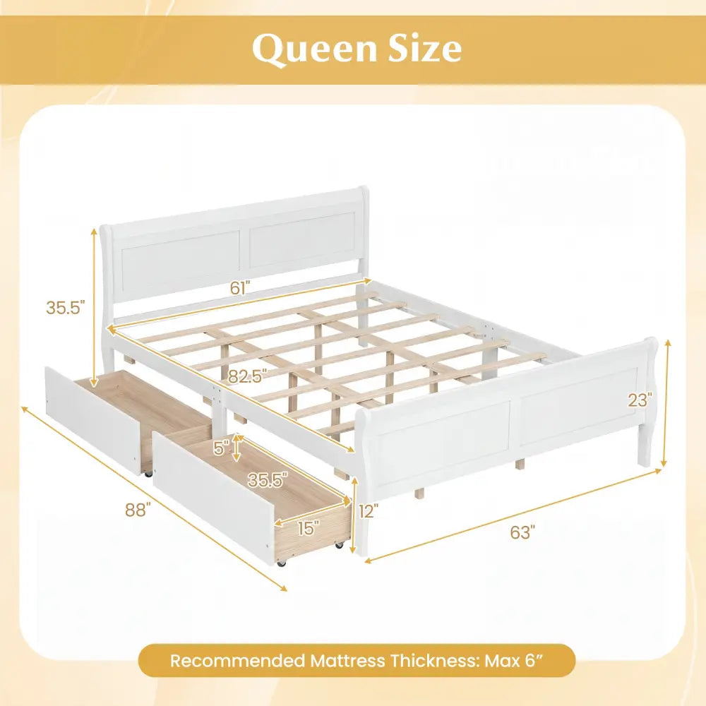 Queen Size Bed Frame with 2 Storage Drawers and Footboard-White - White - Simple Bed Frame
