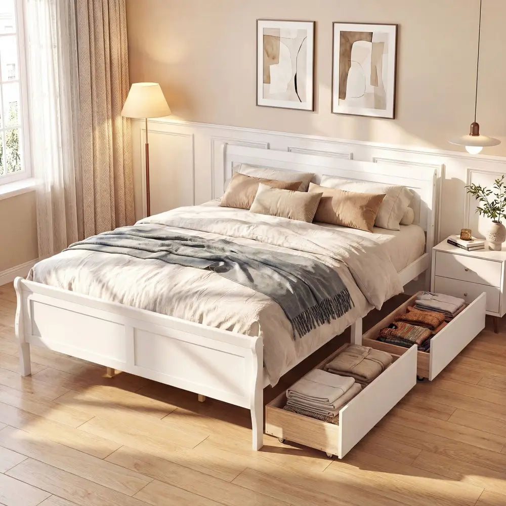Queen Size Bed Frame with 2 Storage Drawers and Footboard-White - White - Simple Bed Frame