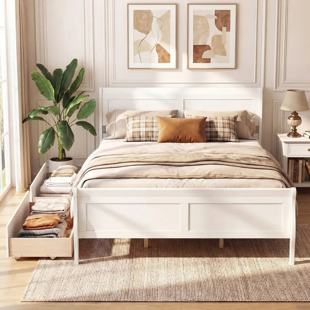 Queen Size Bed Frame with 2 Storage Drawers and Footboard-White - White - Simple Bed Frame