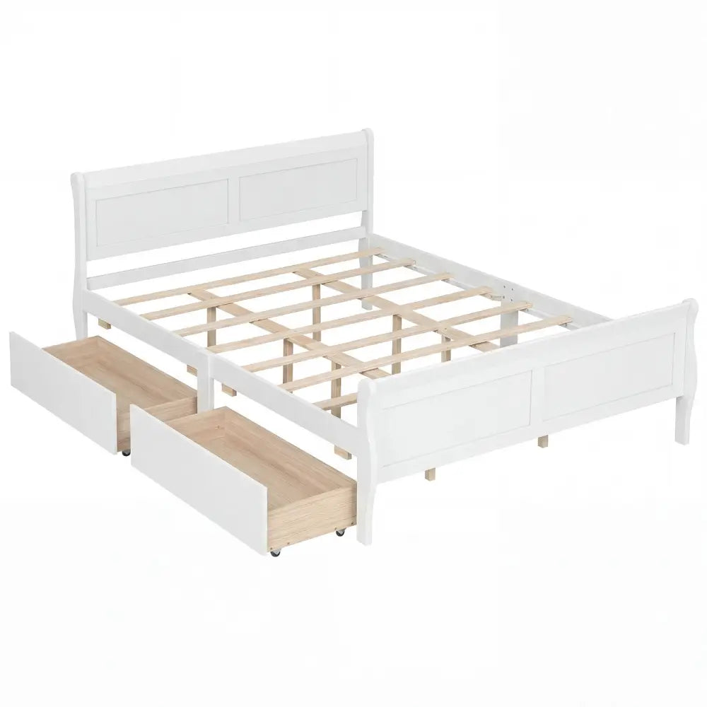Queen Size Bed Frame with 2 Storage Drawers and Footboard-White - White - Simple Bed Frame