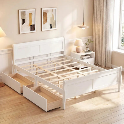 Queen Size Bed Frame with 2 Storage Drawers and Footboard-White - White - Simple Bed Frame