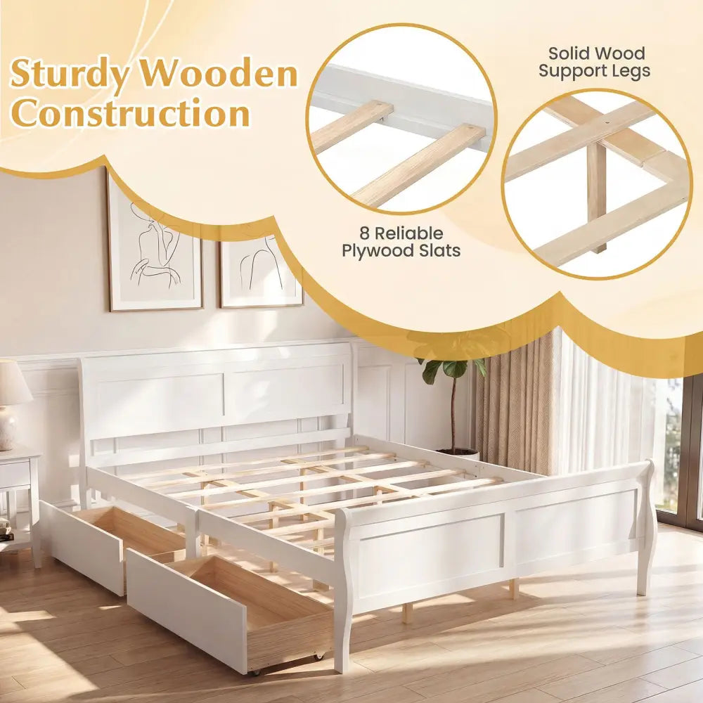 Queen Size Bed Frame with 2 Storage Drawers and Footboard-White - White - Simple Bed Frame