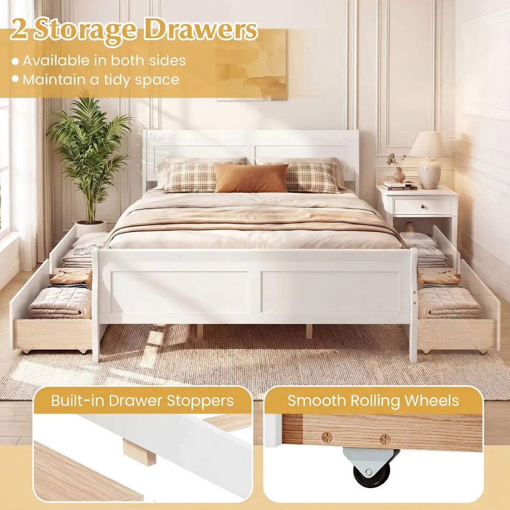 Queen Size Bed Frame with 2 Storage Drawers and Footboard-White - White - Simple Bed Frame