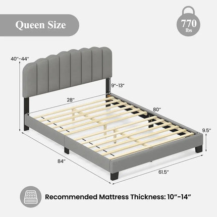 Queen Size Bed Frame with Adjustable Scalloped Tufted Headboard-Queen Size - Gray - Simple Bed Frame