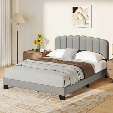 Queen Size Bed Frame with Adjustable Scalloped Tufted Headboard-Queen Size - Gray - Simple Bed Frame