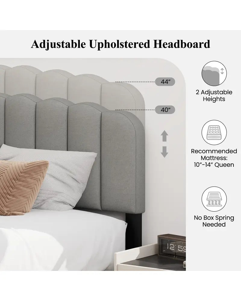 Queen Size Bed Frame with Adjustable Scalloped Tufted Headboard-Queen Size - Gray - Simple Bed Frame