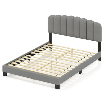 Queen Size Bed Frame with Adjustable Scalloped Tufted Headboard-Queen Size - Gray - Simple Bed Frame