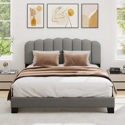 Queen Size Bed Frame with Adjustable Scalloped Tufted Headboard-Queen Size - Gray - Simple Bed Frame