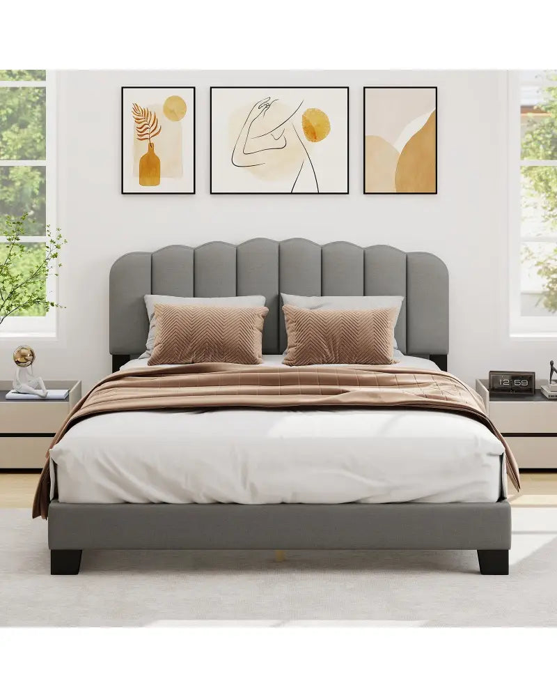 Queen Size Bed Frame with Adjustable Scalloped Tufted Headboard-Queen Size - Gray - Simple Bed Frame
