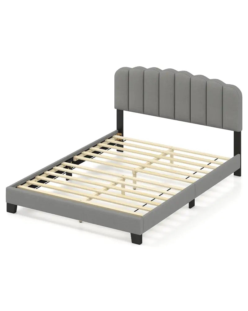 Queen Size Bed Frame with Adjustable Scalloped Tufted Headboard-Queen Size - Gray - Simple Bed Frame