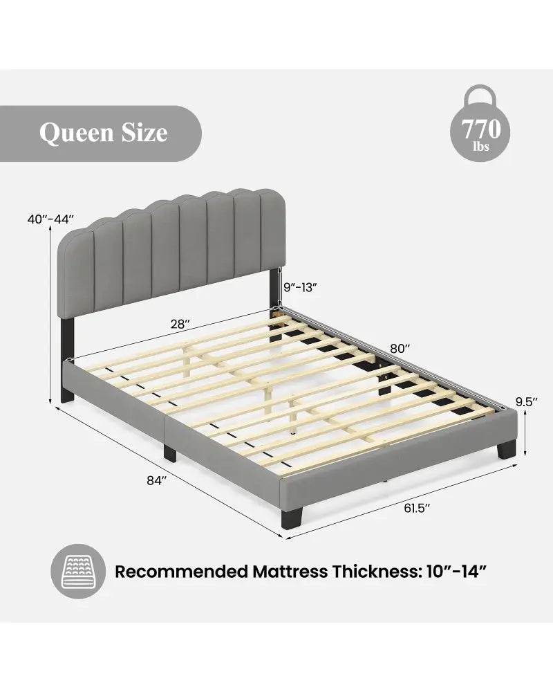 Queen Size Bed Frame with Adjustable Scalloped Tufted Headboard-Queen Size - Gray - Simple Bed Frame