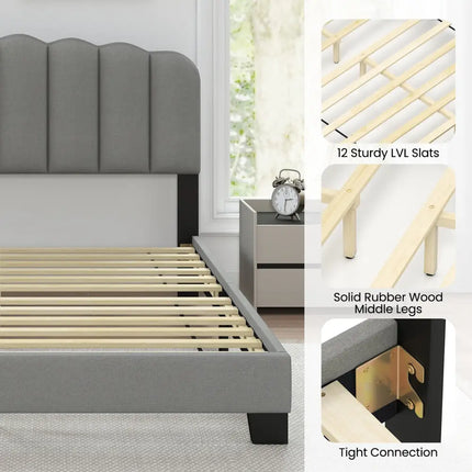Queen Size Bed Frame with Adjustable Scalloped Tufted Headboard-Queen Size - Gray - Simple Bed Frame