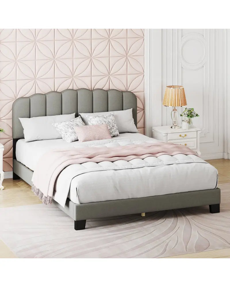 Queen Size Bed Frame with Adjustable Scalloped Tufted Headboard-Queen Size - Gray - Simple Bed Frame