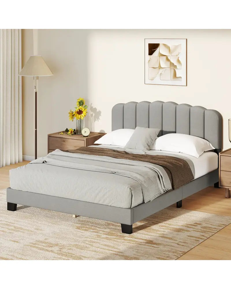 Queen Size Bed Frame with Adjustable Scalloped Tufted Headboard-Queen Size - Gray - Simple Bed Frame