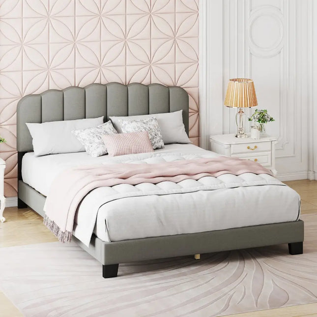 Queen Size Bed Frame with Adjustable Scalloped Tufted Headboard-Queen Size - Gray - Simple Bed Frame