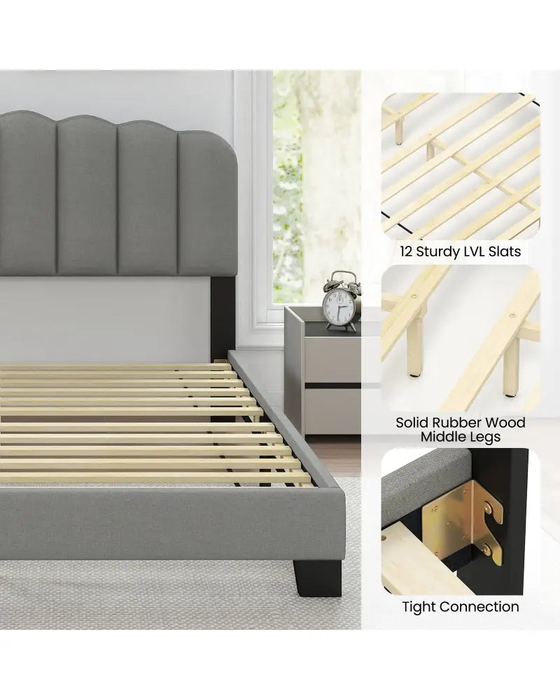 Queen Size Bed Frame with Adjustable Scalloped Tufted Headboard-Queen Size - Gray - Simple Bed Frame