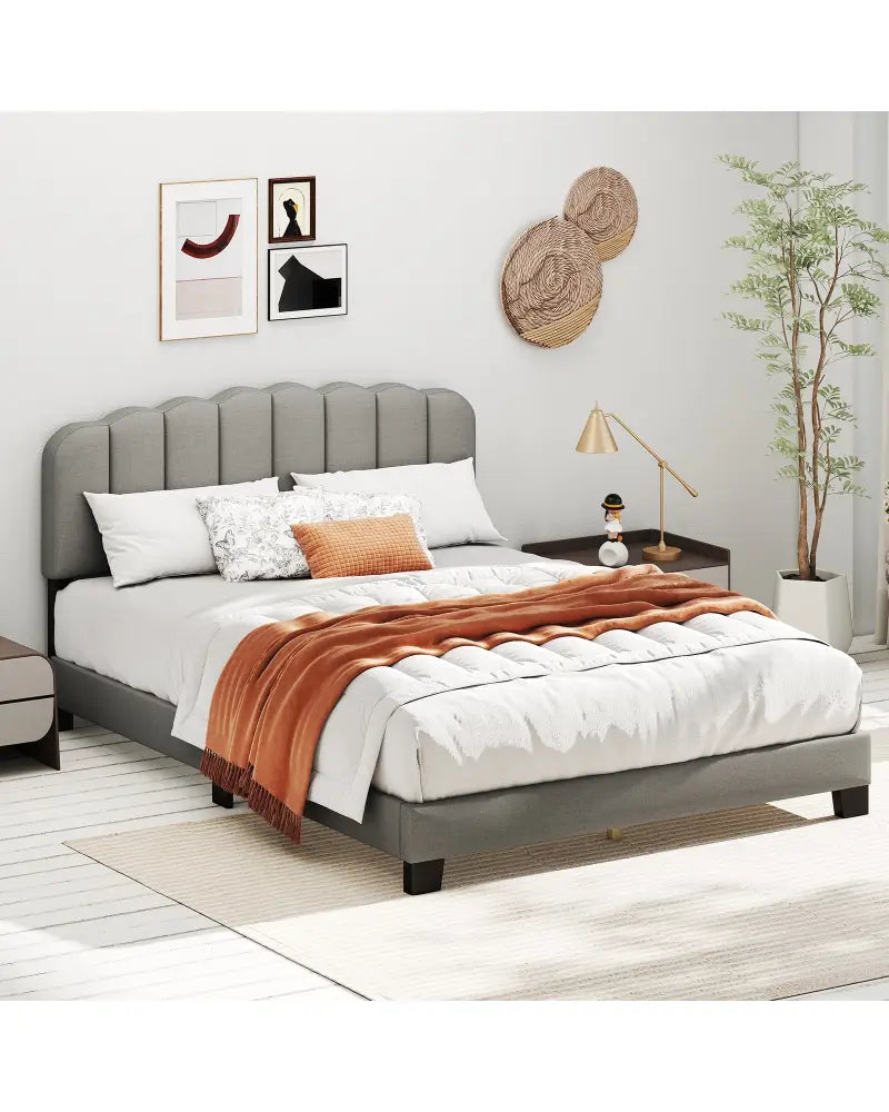 Queen Size Bed Frame with Adjustable Scalloped Tufted Headboard-Queen Size - Gray - Simple Bed Frame
