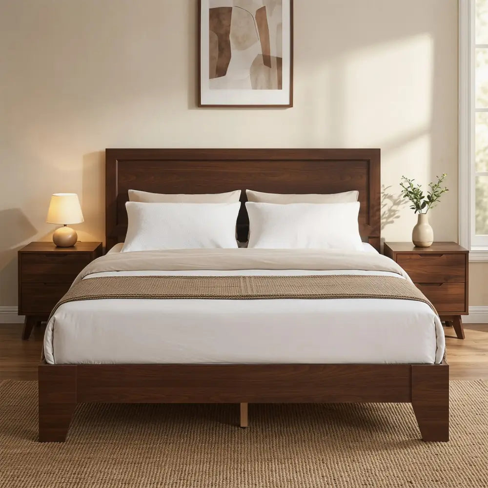 Queen Size Bed Frame with Headboard-Walnut - Walnut - Simple Bed Frame