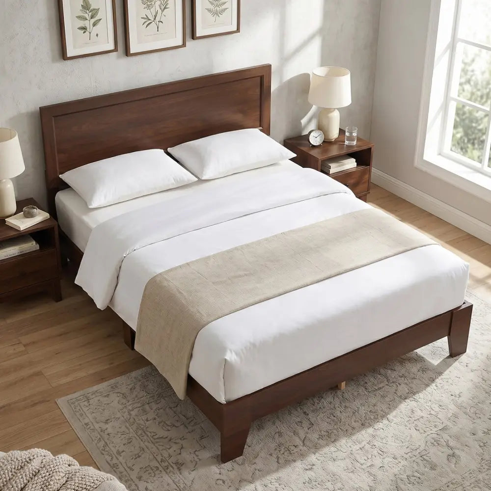 Queen Size Bed Frame with Headboard-Walnut - Walnut - Simple Bed Frame