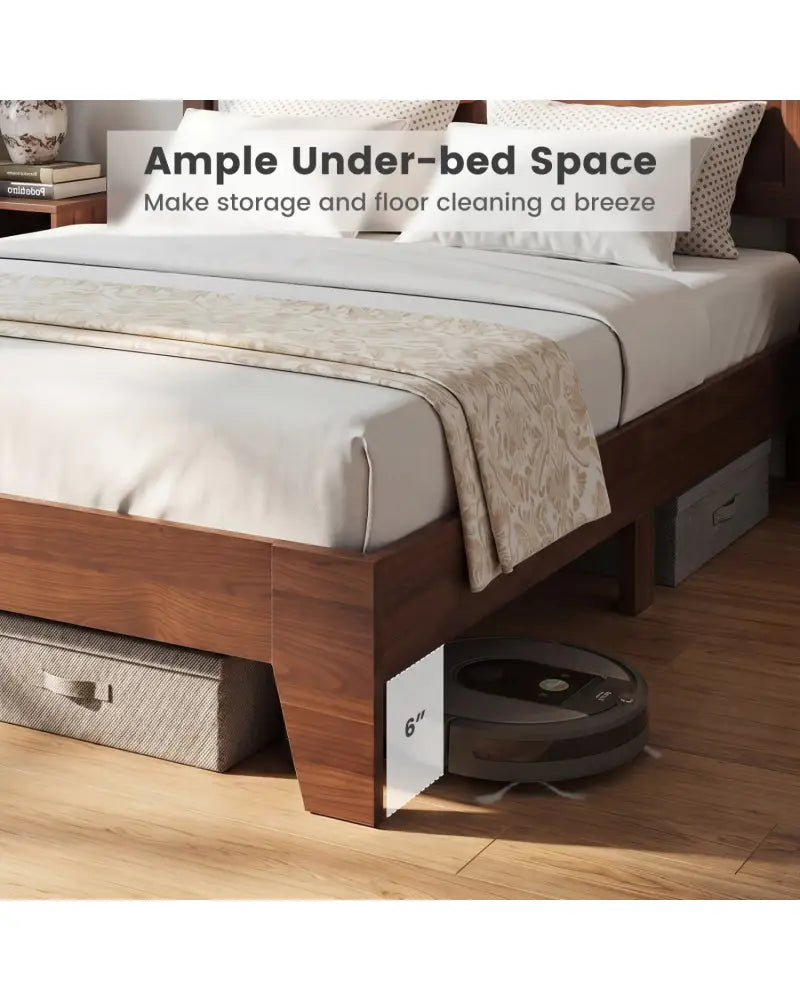 Queen Size Bed Frame with Headboard-Walnut - Walnut - Simple Bed Frame
