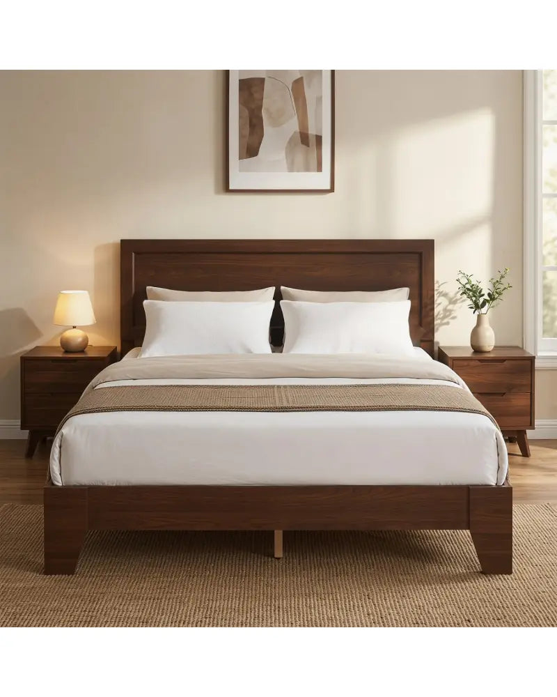 Queen Size Bed Frame with Headboard-Walnut - Walnut - Simple Bed Frame