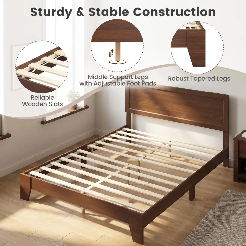 Queen Size Bed Frame with Headboard-Walnut - Walnut - Simple Bed Frame