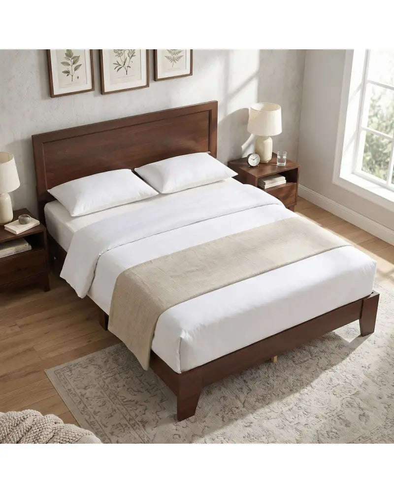 Queen Size Bed Frame with Headboard-Walnut - Walnut - Simple Bed Frame