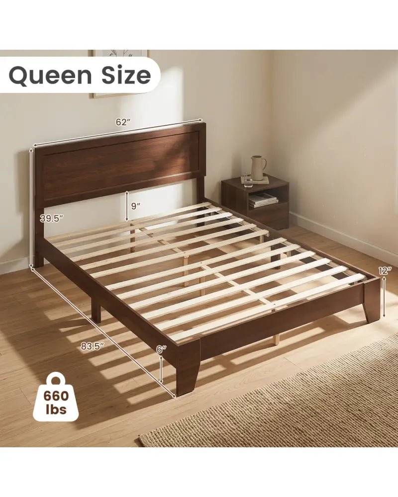 Queen Size Bed Frame with Headboard-Walnut - Walnut - Simple Bed Frame