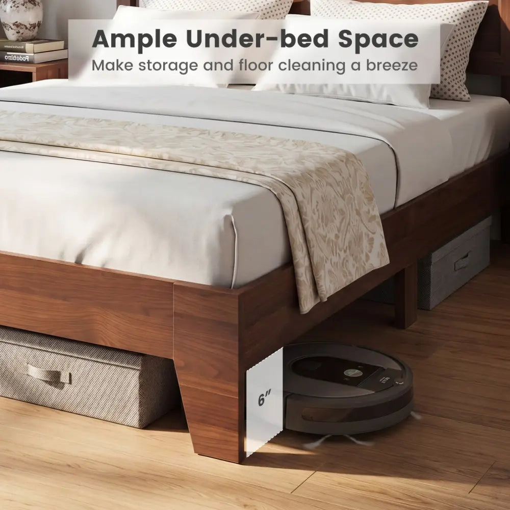 Queen Size Bed Frame with Headboard-Walnut - Walnut - Simple Bed Frame